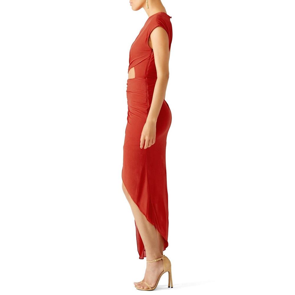 Halston Heritage Draped Jersey Cut Out Criss Cross Gathered Chili Red Dress 8 - Picture 3 of 7